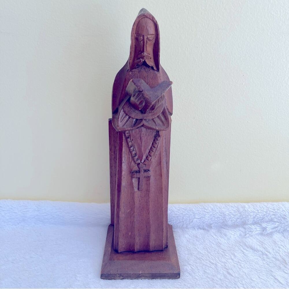 Vtg 11" 60s Hand-Carved Wood Monk Religious Figurine Sculpture Priest Friar